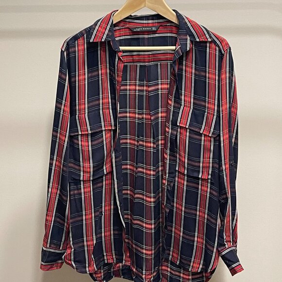 ZARA Checkered Botton Down Shirt - Size S - Red/Dark Navy - Picture 1 of 4